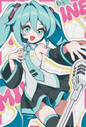 Rule 34 | 1girl, aqua eyes, aqua hair, aqua nails, arm tattoo, black skirt, black thighhighs, cika k, collared shirt, cowboy shot, detached sleeves, grey shirt, hair between eyes, hatsune miku, headphones, headset, highres, light blush, long hair, long sleeves, looking at viewer, microphone, number tattoo, open mouth, pleated skirt, shirt, skirt, sleeveless, sleeveless shirt, smile, solo, tattoo, thighhighs, twintails, very long hair, vocaloid, wide sleeves