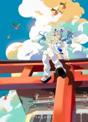 Rule 34 | 1girl, altaria, artist name, blue hair, blue sky, cloud, commentary, creatures (company), detached sleeves, double bun, english commentary, flying miku (project voltage), game freak, gen 2 pokemon, gen 3 pokemon, gradient hair, hair bun, hatsune miku, highres, hoppip, long hair, multicolored hair, nintendo, parted lips, pokemon, pokemon (creature), project voltage, see-through, see-through sleeves, sky, sugahri, torii, twintails, very long hair, vocaloid, wind chime