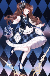 Rule 34 | 1girl, ;), ankle ribbon, ankle strap, bag, blue eyes, blue footwear, bow, brown hair, checkered background, choker, clenched hand, clock, commentary request, dress, frilled shirt collar, frills, full body, hair bow, handbag, highres, juexing (moemoe3345), lace, lace-trimmed dress, lace legwear, lace trim, leg ribbon, lolita fashion, long hair, long sleeves, neck ribbon, one eye closed, original, pantyhose, plaid, ribbon, ribbon-trimmed sleeves, ribbon trim, shoes, smile, solo, standing, standing on one leg, twintails, vest, white pantyhose