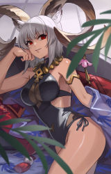Rule 34 | 1girl, animal ears, arknights, black one-piece swimsuit, breasts, carnelian (arknights), carnelian (shimmering dew) (arknights), casual one-piece swimsuit, clothing cutout, dark-skinned female, dark skin, goat ears, goat girl, goat horns, grey hair, head rest, horn ornament, horns, large breasts, looking at viewer, navel, navel cutout, npc (nemui), official alternate costume, one-piece swimsuit, smile, solo, swimsuit