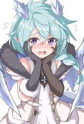 Rule 34 | 1girl, aqua hair, asymmetrical gloves, black gloves, blush, braid, brown gloves, coat, dress, elbow gloves, embarrassed, fangs, flying sweatdrops, gloves, hands on own cheeks, hands on own face, highres, looking at viewer, mismatched gloves, nose blush, open mouth, pointy ears, princess connect!, purple eyes, seiji (artman), shefi (princess connect!), sidelocks, single braid, sleeveless, sleeveless dress, solo, tearing up, upper body, white coat, white dress, wings