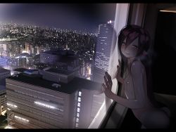 Rule 34 | 1girl, ass, back, bad id, bad pixiv id, blue eyes, blush, brown hair, building, city, city lights, cityscape, cowboy shot, fingernails, flat chest, from side, hair between eyes, hair ornament, hair tie, hands up, indoors, lady bat, leaning forward, letterboxed, lips, long hair, looking at viewer, mermaid melody pichi pichi pitch, night, night sky, nipples, nude, ohisashiburi, parted lips, pink lips, pointy ears, ponytail, rooftop, scenery, sky, skyscraper, smile, solo, standing, sweat, window