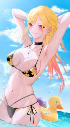 Rule 34 | 1girl, :d, absurdres, armpits, arms behind head, bad id, bad pixiv id, bikini, black bikini, black choker, black ribbon, blonde hair, breasts, cameltoe, choker, collarbone, commentary, cowboy shot, floral print, grin, highres, jewelry, kitagawa marin, large breasts, lens flare, lichiko, lipstick, long hair, looking at viewer, makeup, navel, necklace, ocean, open mouth, parted lips, pink eyes, print bikini, ribbon, ribs, rubber duck, side-tie bikini bottom, smile, solo, sono bisque doll wa koi wo suru, stomach, swept bangs, swimsuit, teeth, very long hair, wading, water, wet
