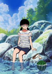 Rule 34 | 1girl, aragon honnin, barefoot, black hair, blue sky, cloud, cloudy sky, day, food, fruit, full body, glasses, original, outdoors, rock, shirt, shoes, short sleeves, shorts, sitting, sitting on rock, sky, smile, soaking feet, solo, striped clothes, striped shirt, twintails, unworn shoes, water, watermelon