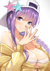 Rule 34 | 1girl, anza tomo, backwards hat, bare shoulders, baseball cap, bb (fate), bb (fate) (all), bb (swimsuit mooncancer) (fate), bb (swimsuit mooncancer) (first ascension) (fate), bikini, bikini top only, blush, braid, breasts, cleavage, closed mouth, collarbone, cropped jacket, fate/grand order, fate (series), fingers together, hat, hat ornament, highres, jacket, large breasts, long hair, looking at viewer, off shoulder, purple eyes, purple hair, simple background, smile, solo, star (symbol), star hat ornament, swimsuit, very long hair, white background, white bikini, yellow jacket