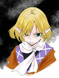 Rule 34 | black shirt, blonde hair, brown shirt, clenched teeth, commentary request, crying, crying with eyes open, green eyes, hair between eyes, hair over one eye, highres, long bangs, looking at viewer, mendou jun, mizuhashi parsee, pointy ears, scarf, shirt, short hair, slit pupils, solo, tears, teeth, touhou, undershirt, upper body, v-shaped eyebrows, white scarf
