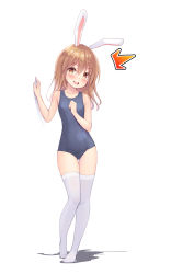 Rule 34 | 1girl, animal ears, blue one-piece swimsuit, blush, brown eyes, brown hair, full body, hand on own chest, hand on wall, highres, legs, long hair, looking at viewer, old school swimsuit, one-piece swimsuit, open mouth, original, rabbit ears, rabbit girl, school swimsuit, shadow, simple background, solo, swimsuit, tenjou ryuka, thigh gap, thighhighs, thighs, white background, white thighhighs