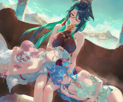 Rule 34 | 3girls, ahoge, alternate costume, bare arms, bare shoulders, blue hair, breasts, chinese clothes, closed mouth, cloud retainer (genshin impact), colored inner hair, dress, ganyu (genshin impact), genshin impact, glasses, goat horns, green eyes, hand on another&#039;s head, highres, horns, lap pillow, large breasts, lingerie, long hair, multicolored hair, multiple girls, red-framed eyewear, salmon88, shenhe (genshin impact), sitting, sleeping, smile, tassel, underwear, white hair, xianyun (genshin impact)