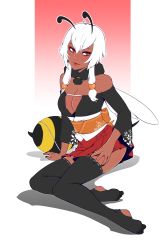 Rule 34 | 1girl, ahoge, antennae, arthropod girl, bare shoulders, bee girl, black legwear, black nails, blush, breasts, cleavage, collarbone, commentary, d-rex, dark skin, full body, highres, insect girl, insect wings, large breasts, long sleeves, looking at viewer, nail polish, no shoes, original, pleated skirt, red eyes, red skirt, ribbon-trimmed legwear, ribbon trim, short hair, short hair with long locks, simple background, sitting, skirt, smile, solo, thighhighs, white background, white hair, wings, yokozuwari, zettai ryouiki