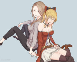 Rule 34 | 2girls, :d, absurdres, back-to-back, black bow, black legwear, black pants, blonde hair, bow, breasts, brown footwear, brown hair, choker, cleavage, closed eyes, collarbone, couple, detached sleeves, dress, granblue fantasy, grey background, grey shirt, grin, hair bow, highres, katalina (granblue fantasy), layered dress, long hair, long sleeves, looking back, medium breasts, miso-ha (ukyuu), multiple girls, open mouth, pants, ponytail, purple ribbon, red bow, red dress, red eyes, red sleeves, ribbon, shirt, short dress, simple background, sitting, smile, straight hair, strapless, strapless dress, thighhighs, two-tone bow, vira (granblue fantasy), white dress, yuri, zettai ryouiki