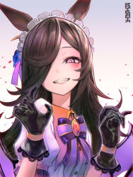 Rule 34 | 1girl, animal ears, bad id, bad pixiv id, black gloves, blue flower, brown hair, collared shirt, evil grin, evil smile, fangs, flower, frilled hairband, frills, gloves, gradient background, grin, hair over one eye, hairband, half-closed eyes, halloween, horse ears, horse girl, long hair, looking at viewer, puffy sleeves, purple eyes, ribbon, rice shower (make up vampire!) (umamusume), rice shower (umamusume), rqtkrqtk, shirt, smile, solo, teeth, umamusume, upper body
