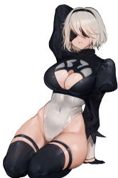 Rule 34 | 1girl, absurdres, black gloves, black thighhighs, breasts, cleavage, cleavage cutout, clothing cutout, covered eyes, gg amang, gloves, highres, juliet sleeves, leotard, long sleeves, nier:automata, nier (series), parted lips, puffy sleeves, short hair, simple background, solo, thigh strap, thighhighs, white background, white hair, white leotard, 2b (nier:automata)