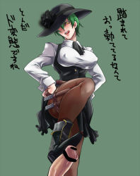 Rule 34 | 1girl, arc system works, balisong, bdsm, blazblue, boots, breasts, brown pantyhose, cbt, censored, covered erect nipples, femdom, footjob, genderswap, genderswap (mtf), green hair, hands on own hips, hat, hat over one eye, hazama, kaneaki mukku, knife, large breasts, licking lips, one eye covered, pantyhose, penis, shirt, shoejob, side slit, simple background, solo, solo focus, stepped on, taut clothes, taut shirt, thigh strap, tongue, tongue out, translation request, weapon, wrist cuffs, yellow eyes