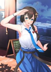 Rule 34 | 1girl, ahoge, belt, blue eyes, blue necktie, blue skirt, bow, braid, brown hair, commentary request, hair bow, hair flaps, hair ornament, hair over shoulder, highres, kantai collection, looking at viewer, necktie, official alternate costume, red bow, resolution mismatch, revision, rumachi, shigure (kancolle), shigure kai ni (kancolle), shirt, skirt, sleeveless, sleeveless shirt, solo, source smaller, white shirt