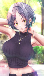 Rule 34 | 1girl, :o, armpits, arms behind head, arms up, black shirt, blue hair, blurry, blurry background, breasts, commentary request, cross, cross necklace, dark blue hair, ear piercing, hayami kanade, highres, idolmaster, idolmaster cinderella girls, jewelry, koya (koya x 00), large breasts, light blush, light particles, looking at viewer, midriff, navel, necklace, open fly, open mouth, outdoors, parted bangs, piercing, ribbed shirt, ribbed sweater, shirt, short hair, signature, sleeveless, sleeveless shirt, solo, sunlight, sweater, unbuttoned, upper body, yellow eyes