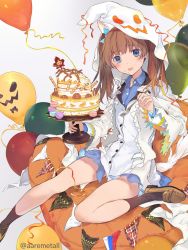 Rule 34 | 1girl, animal ears, balloon, blue eyes, blush, brave witches, brown hair, cake, cat ears, food, food on face, fork, fruit, georgette lemare, hair ribbon, looking at viewer, macaron, orange (fruit), orange slice, ribbon, solo, twintails, twitter username, world witches series, wss (32656138)
