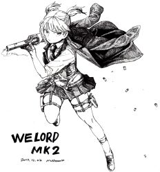 Rule 34 | 1girl, :/, absurdres, artist name, bolt action, character name, collared shirt, commentary, crosshatching, dated, floating hair, full body, garter straps, girls&#039; frontline, gloves, greyscale, gun, half gloves, handgun, hatching (texture), highres, holding, holding gun, holding weapon, holster, jacket, jacket on shoulders, kneehighs, loafers, looking to the side, midriff peek, miniskirt, monochrome, mushroom (osh320), necktie, pleated skirt, serious, shell casing, shirt, shoes, short twintails, simple background, skirt, sleeves rolled up, smoke, smoking barrel, socks, solo, thigh holster, twintails, typo, v-shaped eyebrows, vest, weapon, welrod, welrod mkii (girls&#039; frontline)