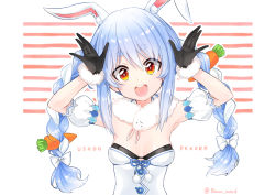 Rule 34 | 1girl, :3, :d, animal ear fluff, animal ears, artist name, bad id, bad pixiv id, black gloves, blue hair, bow, braid, breasts, carrot hair ornament, character name, commentary request, detached sleeves, food-themed hair ornament, gloves, hair bow, hair ornament, head tilt, highres, hololive, kurenai osumaru, long hair, looking back, medium breasts, multicolored hair, open mouth, orange eyes, puffy short sleeves, puffy sleeves, rabbit ears, short sleeves, smile, solo, thick eyebrows, twin braids, twitter username, two-tone hair, upper body, usada pekora, usada pekora (1st costume), virtual youtuber, white background, white bow, white hair, | |