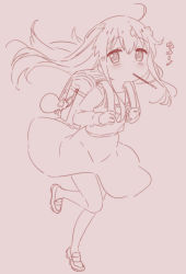 Rule 34 | 1girl, ahoge, backpack, bag, blush, brown background, commentary request, dress, floating hair, flower, food, food in mouth, full body, hair flower, hair ornament, holding strap, jigatei (omijin), loafers, long hair, long sleeves, looking at viewer, monochrome, mouth hold, pantyhose, pocky, randoseru, school uniform, shirosaki hana, shirt, shoes, simple background, sleeveless, sleeveless dress, solo, standing, standing on one leg, translation request, very long hair, watashi ni tenshi ga maiorita!