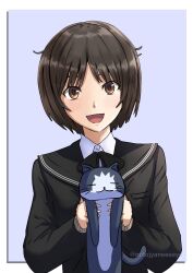 Rule 34 | 1girl, :d, absurdres, amagami, animal, artist name, black bow, black bowtie, black cat, black jacket, black sailor collar, blazer, blue background, bow, bowtie, brown eyes, brown hair, brown sweater, cat, closed eyes, commentary, dress shirt, head tilt, highres, holding, holding animal, holding cat, jacket, kibito high school uniform, light blush, long sleeves, looking at viewer, messy hair, mitojyaneeeeyo, open mouth, outside border, own hands together, sailor collar, school uniform, shirt, short hair, simple background, smile, solo, sweater, tachibana miya, twitter username, upper body, w arms, white cat, white shirt