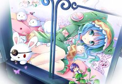 Rule 34 | 1girl, absurdres, animal hood, blue eyes, blue hair, character doll, commentary request, date a live, gyaza, highres, hood, itsuka shidou, long hair, looking at viewer, lying, photoshop (medium), rabbit hood, solo, stuffed animal, stuffed rabbit, stuffed toy, yoshino (date a live), yoshinon