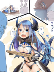 Rule 34 | 1girl, :d, afterimage, akino shuu, ass, black gloves, black panties, blue eyes, blue hair, blue wings, blush, breasts, cleavage, cleavage cutout, clothing cutout, curled horns, dragon girl, dragon horns, dragon tail, dragon wings, faceplant, fang, gloves, gradient hair, groin, hair between eyes, holding, holding sword, holding weapon, horns, long hair, long sleeves, low wings, lychnos (sennen sensou aigis), medium breasts, multicolored hair, navel, open mouth, panties, purple hair, revealing clothes, scales, sennen sensou aigis, shoulder cutout, smile, sparkle, stuck, sword, tail, tail wagging, thighhighs, thought bubble, translation request, underwear, v-shaped eyebrows, very long hair, weapon, white thighhighs, wings, wooden sword