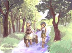 Rule 34 | 2girls, backpack, bag, black hair, boots, brown eyes, brown footwear, brown gloves, brown hair, brown shorts, closed mouth, commentary request, day, dress, forest, full body, gloves, grass, grey hair, hand in pocket, long hair, looking at another, merchant (ragnarok online), multiple girls, nature, outdoors, painterly, pullcart, ragnarok online, shimada sarasara, shirt, shoes, short hair, shorts, sleeveless, sleeveless shirt, smile, super novice (ragnarok online), tree, walking, white dress, white shirt