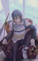 Rule 34 | 1boy, absurdres, alternate costume, beileimao, black pants, blue eyes, blue hair, couch, from above, gun, highres, holding, kaito (vocaloid), knee up, male focus, muted color, pants, scarf, sitting, solo, vocaloid, weapon