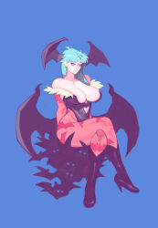 Rule 34 | aqua hair, areola slip, arms behind back, bat (animal), bat wings, black footwear, black leotard, black wings, blue background, blue eyes, boots, breasts, cleavage, closed mouth, clothing cutout, cromwaits, crossed legs, full body, head wings, heart, high heel boots, high heels, highleg, highleg leotard, highres, huge breasts, leotard, long hair, low wings, morrigan aensland, pantyhose, pink pantyhose, simple background, sitting, smile, stomach cutout, straight hair, strapless, strapless leotard, vampire (game), wings