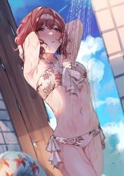 Rule 34 | 1girl, :o, absurdres, armpits, arms up, bare arms, bikini, blush, breasts, brown eyes, brown hair, cloud, cowboy shot, floral print, front-tie bikini top, front-tie top, groin, hair between eyes, halterneck, highres, higuchi madoka, idolmaster, idolmaster shiny colors, mole, mole under eye, navel, open mouth, short hair, shower (place), showering, side-tie bikini bottom, sky, small breasts, solo, stomach, swimsuit, tile wall, tiles, uouokuma, wet, white bikini