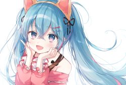 Rule 34 | 1girl, :d, absurdres, animal ear headwear, black ribbon, blue eyes, blue hair, fake animal ears, hair between eyes, hair ornament, hairclip, hands on own face, hatsune miku, headband, highres, long sleeves, nare (17 junana), open mouth, pink shirt, pinky out, ribbon, shirt, smile, solo, twintails, vocaloid, white background