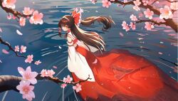 Rule 34 | 1girl, absurdres, bow, branch, brown hair, chen (pixiv 35891546), cherry blossoms, chinese commentary, commentary request, detached sleeves, falling petals, flower, frilled bow, frilled hair tubes, frills, hair bow, hair tubes, hakurei reimu, highres, long hair, petals, pink flower, pink petals, red bow, red eyes, red skirt, ripples, skirt, skirt set, solo, touhou, water, wet, wet clothes, wet skirt