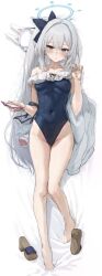 Rule 34 | 1girl, akita hika, bare shoulders, blue archive, blue halo, blue one-piece swimsuit, blush, breasts, cowboy shot, full body, grey eyes, halo, highleg, highleg swimsuit, highres, holding, holding phone, long hair, looking at viewer, miyako (blue archive), miyako (swimsuit) (blue archive), off-shoulder one-piece swimsuit, off shoulder, official alternate costume, one-piece swimsuit, parted lips, phone, simple background, sketch, small breasts, solo, sweatdrop, swimsuit, unworn headwear, very long hair, white background, white hair