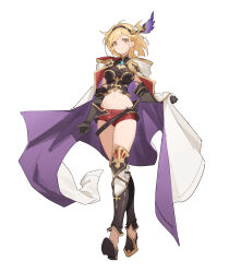 Rule 34 | 1girl, absurdres, armor, blonde hair, breasts, cloak, clothing cutout, conqueror of the eternals, djeeta (granblue fantasy), full body, granblue fantasy, greaves, hairband, highres, hood, hooded cloak, ken rqll, midriff, navel, red shorts, shorts, side-tie legwear, solo, white cloak