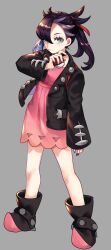 Rule 34 | 1girl, absurdres, ankle boots, asada sadao, black choker, black footwear, black hair, black jacket, boots, choker, closed mouth, commentary, creatures (company), dress, game freak, green eyes, grey background, hair ribbon, highres, holding, holding poke ball, jacket, long sleeves, marnie (pokemon), medium hair, nail polish, nintendo, open clothes, open jacket, pink dress, poke ball, poke ball (basic), pokemon, pokemon swsh, red ribbon, ribbon, solo, standing, strap, twintails
