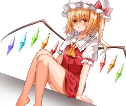Rule 34 | 1girl, ascot, barefoot, blonde hair, blush, breasts, collared shirt, crystal, feet out of frame, flandre scarlet, frilled shirt collar, frilled sleeves, frills, hair between eyes, hat, hat ribbon, highres, kiui (dagk8254), medium hair, miniskirt, mob cap, multicolored wings, one side up, open mouth, pleated skirt, puffy short sleeves, puffy sleeves, red eyes, red ribbon, red skirt, red vest, ribbon, ribbon-trimmed headwear, ribbon trim, shirt, short sleeves, skirt, skirt set, sleeve ribbon, small breasts, solo, thighs, touhou, vest, white background, white hat, white shirt, wings, yellow ascot