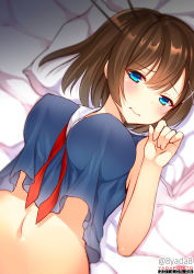 Rule 34 | 10s, 1girl, 2014, artist name, bad id, bad pixiv id, bed sheet, blue eyes, blush, bottomless, breasts, brown hair, dated, covered erect nipples, kantai collection, large breasts, lying, maya (kancolle), navel, on back, pillow, short hair, solo, yadapot