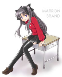 Rule 34 | 00s, 1girl, black hair, black thighhighs, blue eyes, desk, fate/stay night, fate (series), long hair, lowres, marron brand, school desk, solo, thighhighs, tohsaka rin, twintails, two side up, zettai ryouiki