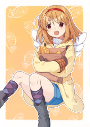 Rule 34 | 1girl, animal print, argyle clothes, argyle socks, backpack, bag, blue shorts, border, brown gloves, brown hair, brown mittens, coat, commission, convenient censoring, convenient leg, feet out of frame, female focus, fish background, fish print, food, gloves, grey footwear, hairband, kanon, knees up, looking at viewer, medium hair, mitsuyo (mituyo324), mittens, orange background, outline, paper bag, red eyes, red hairband, short hair, shorts, sitting, smile, socks, solo, taiyaki, tareme, tsukimiya ayu, wagashi, white border, white outline, white wings, winged bag, wings, yellow coat