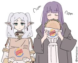 Rule 34 | 2girls, bag, brown robe, burger, burger king, closed eyes, closed mouth, dress, earrings, eating, elf, fern (sousou no frieren), food, frieren, gem, gold trim, green eyes, holding, holding bag, jacket, jewelry, looking at viewer, multiple girls, pointy ears, purple hair, red gemstone, robe, sousou no frieren, twintails, twitter username, white dress, white hair, white jacket, whopper, yunayuispink