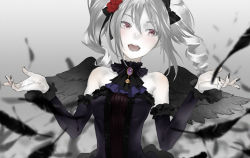 Rule 34 | 10s, 1girl, :d, bare shoulders, black feathers, black nails, black wings, bow, detached sleeves, drill hair, feathered wings, feathers, gothic lolita, gradient background, hair bow, halterneck, idolmaster, idolmaster cinderella girls, kanzaki ranko, lolita fashion, nail polish, open mouth, pale skin, purple eyes, redjuice, silver hair, sleeveless, smile, solo, teeth, twin drills, twintails, wings