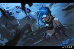 Rule 34 | 1girl, absurdres, arcane: league of legends, arcane jinx, arm tattoo, artist name, asymmetrical hair, bird, black bird, black border, black feathers, black gloves, blue hair, border, braid, breasts, bullet necklace, chinese commentary, closed eyes, closed mouth, feathers, fingerless gloves, gloves, gun, highres, hip tattoo, holding, holding gun, holding weapon, jinx (league of legends), league of legends, long hair, navel, outdoors, qianben shan, small breasts, solo, standing, stomach, tattoo, twin braids, twintails, weapon