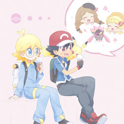 Rule 34 | 2boys, 2girls, akasaka (qv92612), arm support, ash ketchum, backpack, bag, baseball cap, black hair, blonde hair, blue eyes, blue jacket, blue jumpsuit, bonnie (pokemon), clemont (pokemon), commentary request, creatures (company), diancie, fingerless gloves, food, game freak, gen 1 pokemon, gen 6 pokemon, glasses, gloves, hat, highres, holding, ice cream, ice cream cone, jacket, jumpsuit, legendary pokemon, licking, long sleeves, multiple boys, multiple girls, mythical pokemon, nintendo, open mouth, pants, pikachu, poke ball symbol, pokemon, pokemon (anime), pokemon (creature), pokemon xy (anime), red eyes, red headwear, serena (pokemon), shoes, short hair, short sleeves, sitting, smile, tongue, tongue out, white bag