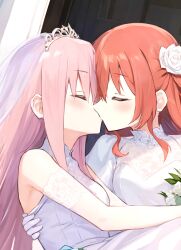 Rule 34 | 2girls, ai-assisted, bocchi the rock!, bridal veil, carrying, closed eyes, commentary request, dress, flower, gotoh hitori, hair flower, hair ornament, highres, kadohusa ginpo, kiss, kita ikuyo, long hair, multiple girls, pink hair, princess carry, red hair, tiara, veil, wedding, wedding dress, wife and wife, yuri