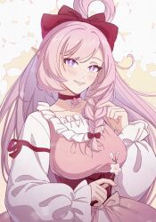 Rule 34 | 1girl, blush, bow, braid, branch, breasts, brown background, choker, collarbone, commentary, dress, elysia (honkai impact), flower, grey background, hair bow, hair rings, hand up, highres, holding, honkai (series), honkai impact 3rd, long hair, long sleeves, looking at viewer, medium breasts, pink dress, pink hair, pointy ears, puffy long sleeves, puffy sleeves, purple eyes, red bow, red choker, single braid, sleeves past wrists, solo, tsuume, two-tone background, underbust, upper body, very long hair, white flower