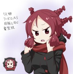 Rule 34 | 1girl, alternate hairstyle, black jacket, braid, braided ponytail, buttons, clenched teeth, commentary request, date (hoshikariza), gradient background, hood, hood down, hood up, hooded jacket, jacket, kemurikusa, looking at viewer, multiple braids, multiple views, open mouth, parted bangs, red eyes, red hair, red scarf, riku (kemurikusa), scarf, sharp teeth, short hair, simple background, talking, talking to viewer, teeth, translation request, two side up, upper body, v-shaped eyebrows