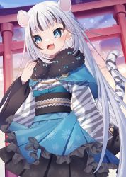Rule 34 | 1girl, :d, absurdres, animal ears, animal print, black hair, blue eyes, blue skirt, commentary request, fangs, frilled skirt, frills, fur collar, hand up, highres, japanese clothes, kimono, long hair, long sleeves, multicolored hair, open mouth, original, outdoors, pleated skirt, print kimono, print skirt, sapphire (sapphire25252), skirt, smile, snowflake print, solo, streaked hair, sunset, tail, tail raised, tiger ears, tiger girl, tiger print, tiger tail, torii, very long hair, white hair, white kimono, wide sleeves