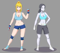 Rule 34 | 2girls, bandages, bike shorts, boxing gloves, boxing shorts, breasts, cleavage, colored skin, female focus, full body, grey skin, highres, metroid, multiple girls, nintendo, ponytail, samus aran, shorts, sports bra, super smash bros., wii fit, wii fit trainer, wii fit trainer (female)