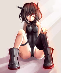 Rule 34 | 10s, 1girl, absurdres, alternate costume, ankle boots, black hair, black thighhighs, boots, breasts, cameltoe, crotch, full body, glasses, grey background, headgear, highres, kantai collection, leotard, light rays, looking at viewer, red eyes, semi-rimless eyewear, shadow, shinta (the-mattyaman), single thighhigh, small breasts, smile, solo, taihou (kancolle), thigh strap, thighhighs, under-rim eyewear