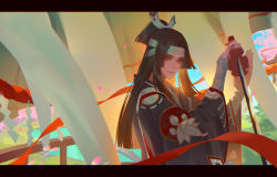 Rule 34 | 1boy, bandaged arm, bandages, black hair, closed mouth, commentary request, highres, holding, holding sword, holding weapon, katana, letterboxed, lian yao, long hair, long sleeves, looking at viewer, male focus, onikiri (onmyoji), onmyoji, solo, sword, upper body, weapon